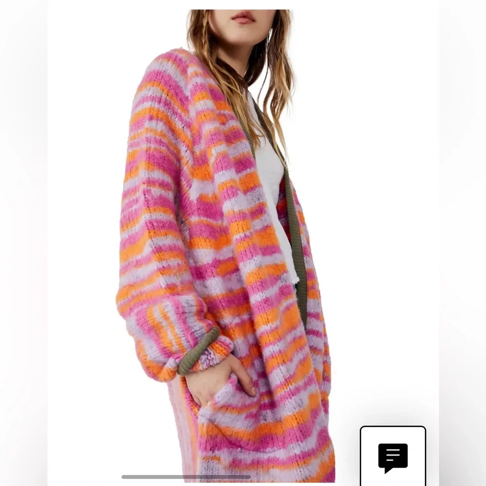 Free People Pink Orange Striped Long Cardigan